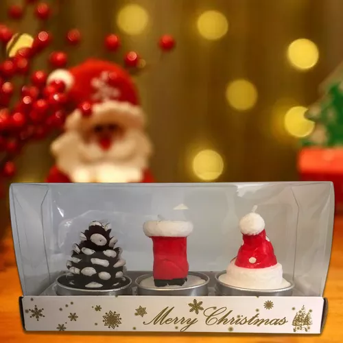 Karácsonyi díszgyertya készlet, 3 db-os , 6 cm, toboz, csizma, sapka