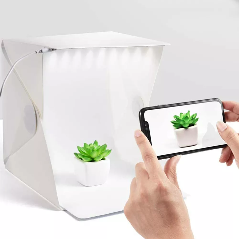 Mini hordozható fotódoboz, fotóstúdió tárgyfotózáshoz LED megvilágítással + 2 db háttérrel