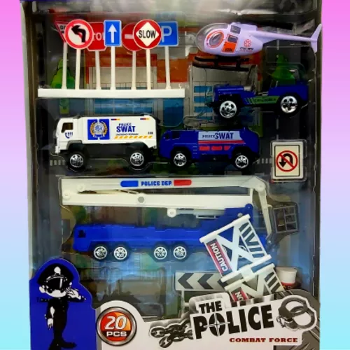SWAT 1:64 kisautó készlet, helikopterrel, járművekkel, közlekedési táblákkal