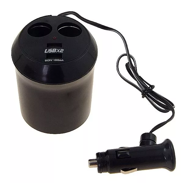 Szivargyújtó elosztó + 2db USB kimenet / pohár forma