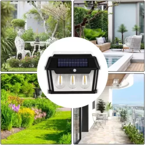 Kültéri napelemes, vízálló filament led lámpa mozgásérzékelő funkcióval, 3 ledégővel
