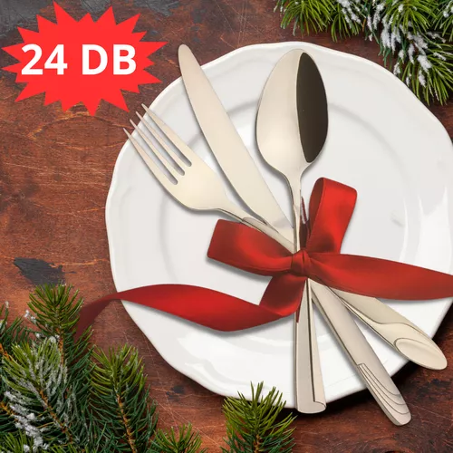 Mattozott felületű fényes ezüst színű elegáns 24 részes rozsdamentes acél evőeszközkészlet