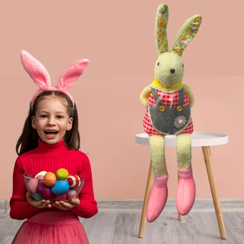 Plüss húsvéti nyuszi rózsaszín kockás ruhában, lógólábú nyúl, 50 cm 