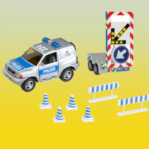 Mitsubishi rendőr játékautó útterelő utánfutóval + fényjelzés + nyitható ajtók