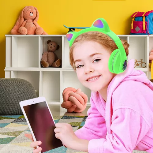 Macskafüles vezeték nélküli bluetooth fejhallgató RGB világítással, cicafüles headset + mp3 + rádió  – zöld