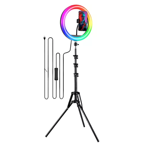 26 cm RGB LED Selfie Ring / körfény + teleszkópos állvány + telefontartó, videó, live stream / változtatható színnel