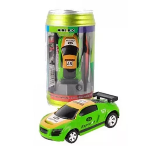 Mini távirányítós versenyautó világító reflektorral és hátsó lámpával, bólyákkal, üdítős dobozban / zöld-sárga