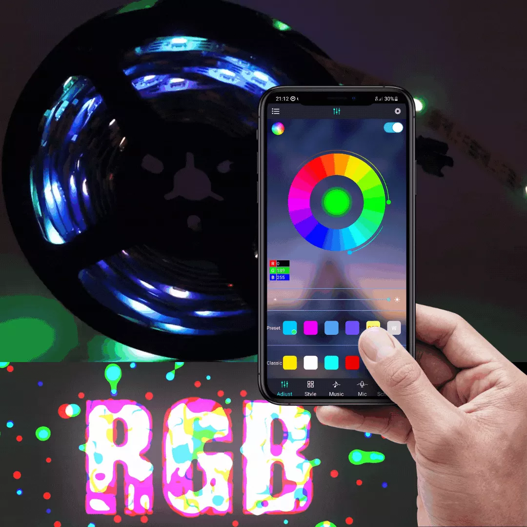 RGB okos ledszalag 5M kül és beltérre, mobil alkalmazással / hosszabbítható