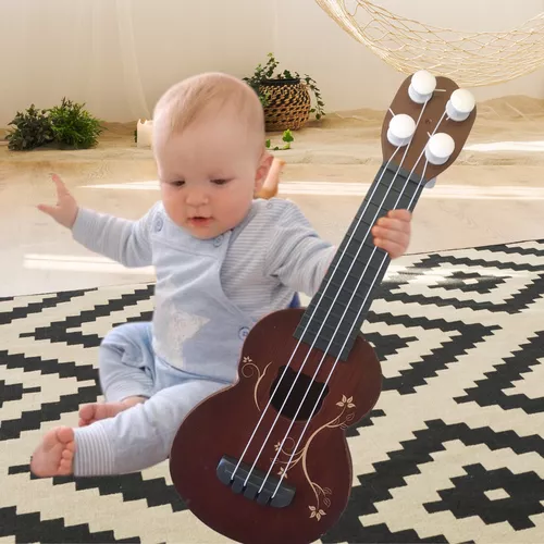Mini ukulele gyermekeknek mackófej formájú hanglyukkal - sötét fa hatású mintával