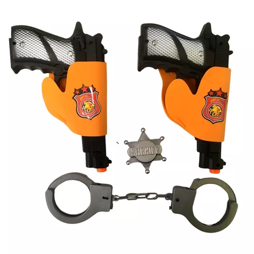 Sheriff pisztoly készlet, 2 db pisztoly + 2 db fegyvertok + jelvény + bilincs