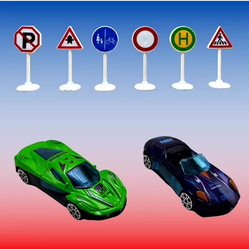 1:64 kisautók + kresz táblák, közlekedési készlet