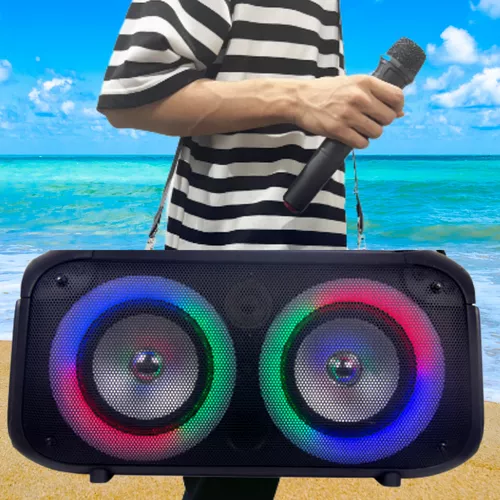 Hordozható karaoke hifi + bluetooth + vezeték nélküli mikrofon + disco fény