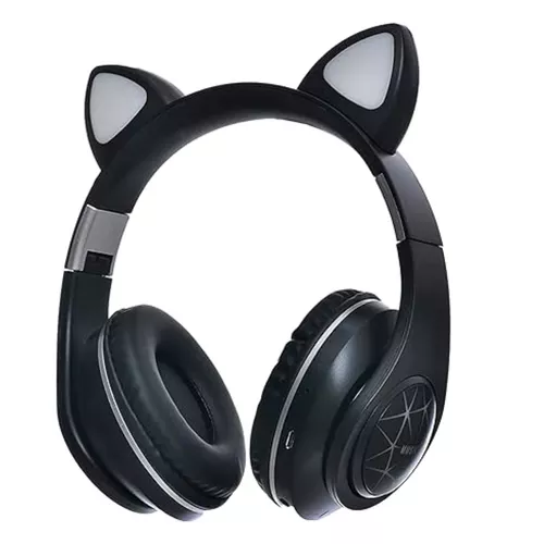 Macskafüles vezeték nélküli bluetooth fejhallgató RGB világítással, cicafüles headset + mp3 + rádió  – fekete