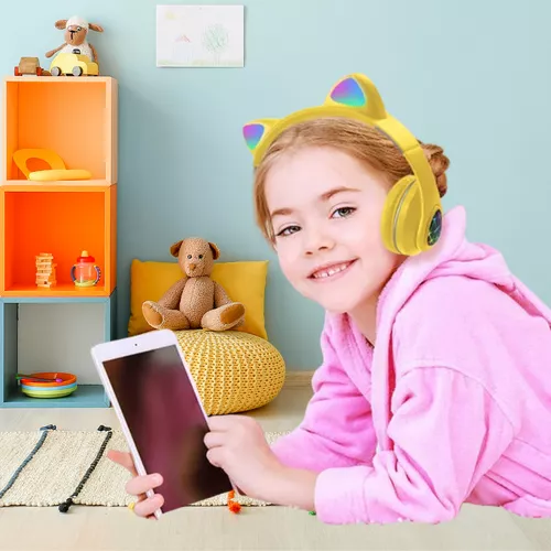 Macskafüles vezeték nélküli bluetooth fejhallgató RGB világítással, cicafüles headset + mp3 + rádió  – sárga