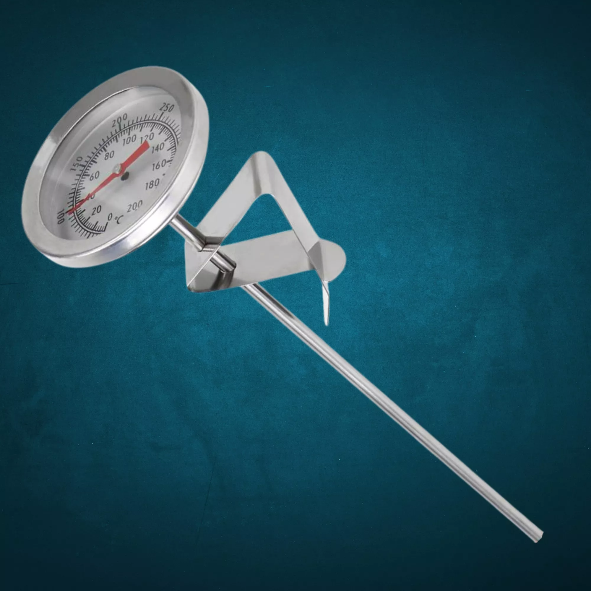 Maghőmérő analóg mutatóval, edényre csíptethető hosszúszárú ételhőmérő, 31,5 cm 