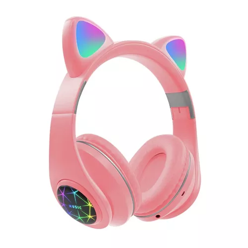 Macskafüles vezeték nélküli bluetooth fejhallgató RGB világítással, cicafüles headset + mp3 + rádió  – rózsaszín