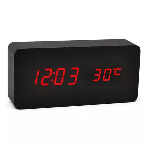  Fa design asztali óra LED kijelzővel - fekete ház piros ledekkel