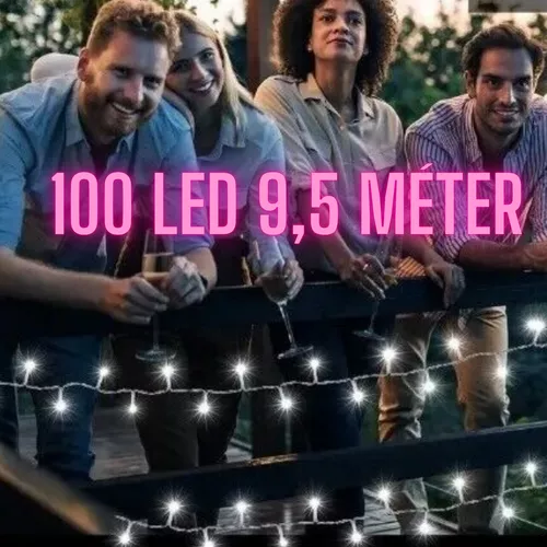 Hidegfehér 100 Led elemes fényfűzér időzítővel kültéri és beltéri használatra 9,5 méter