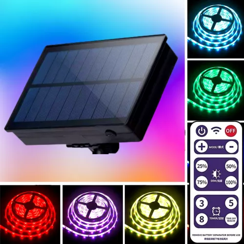 Napelemes ledszalag + táv 5 Méter RGB színes 5050 kültéri + beltéri távirányítós