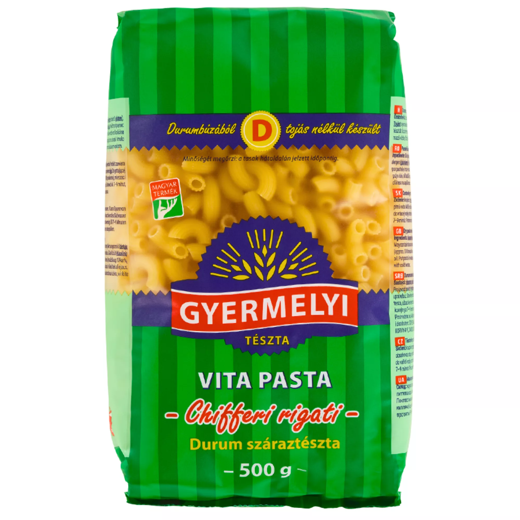 Gyermelyi durum tészta 500g, Chifferi rigati (Szarvacska)
