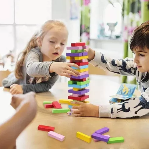 Fából készült színes jenga társasjáték, 48 db-os