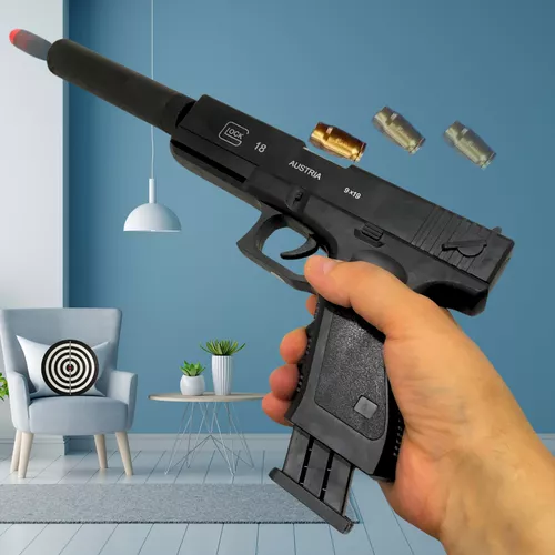Valósághű glock félautomata fegyver, szivacs töltényt kilövő pisztoly kivehető tárral és hangtompítóval