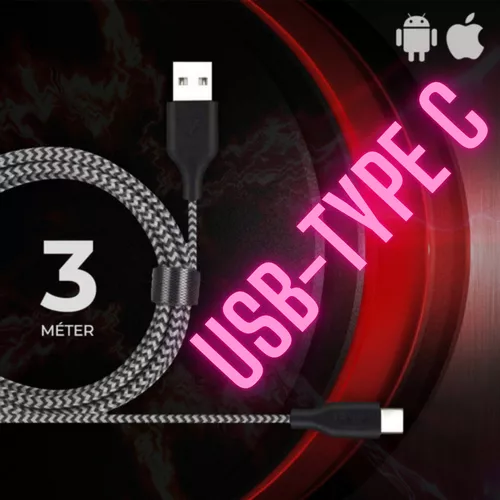 3 méteres USB-kábel, gyorstöltő- és adatkábel strapabíró flexibilis borítással, praktikus tépőzárral / USB Type-C (Android)