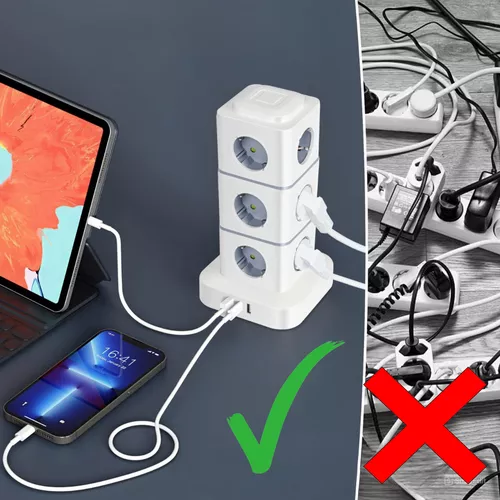 Hosszabbító, elosztó torony, 12 aljzattal és 4 USB porttal, független kapcsolókkal