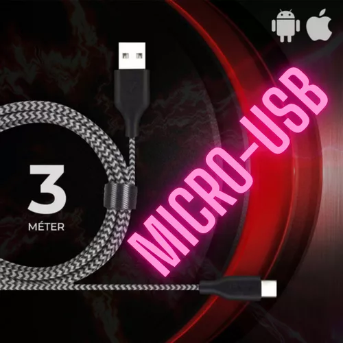 3 méteres USB-kábel, gyorstöltő- és adatkábel strapabíró flexibilis borítással, praktikus tépőzárral / microUSB (Android) 