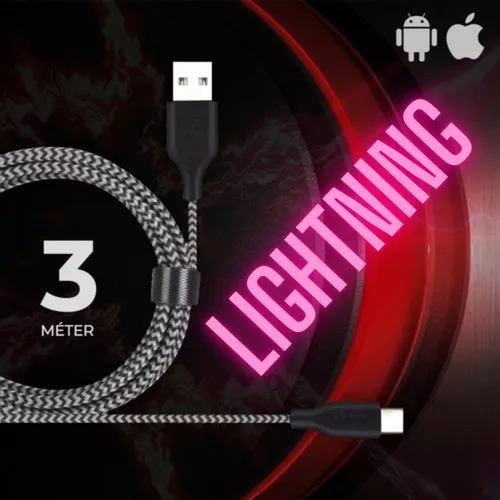 3 méteres USB-kábel, gyorstöltő- és adatkábel strapabíró flexibilis borítással, praktikus tépőzárral / lightning (iOS)
